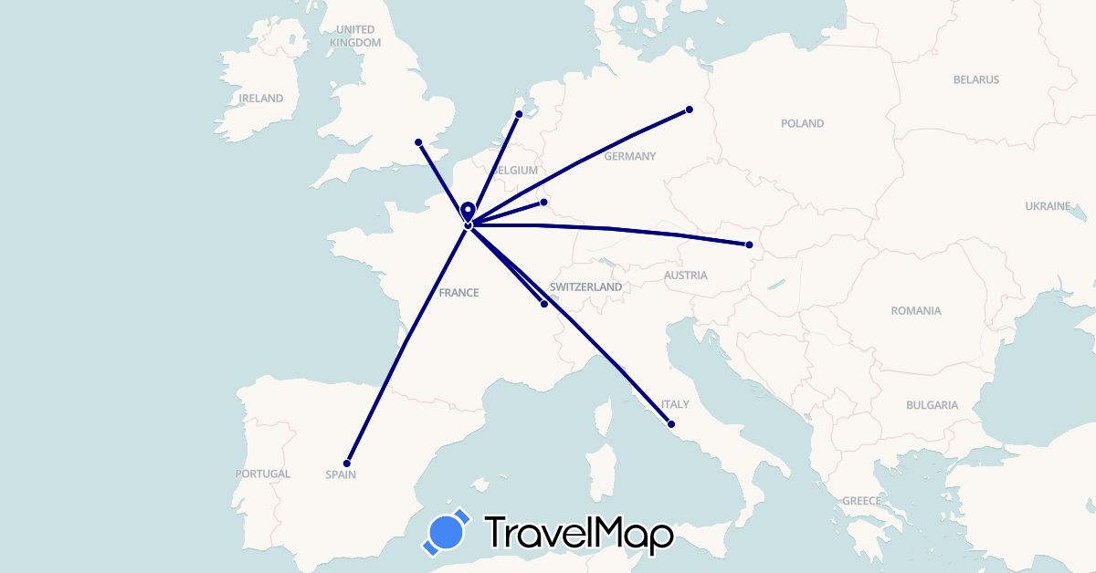 TravelMap itinerary: driving in Austria, Switzerland, Germany, Spain, France, United Kingdom, Italy, Luxembourg, Netherlands (Europe)